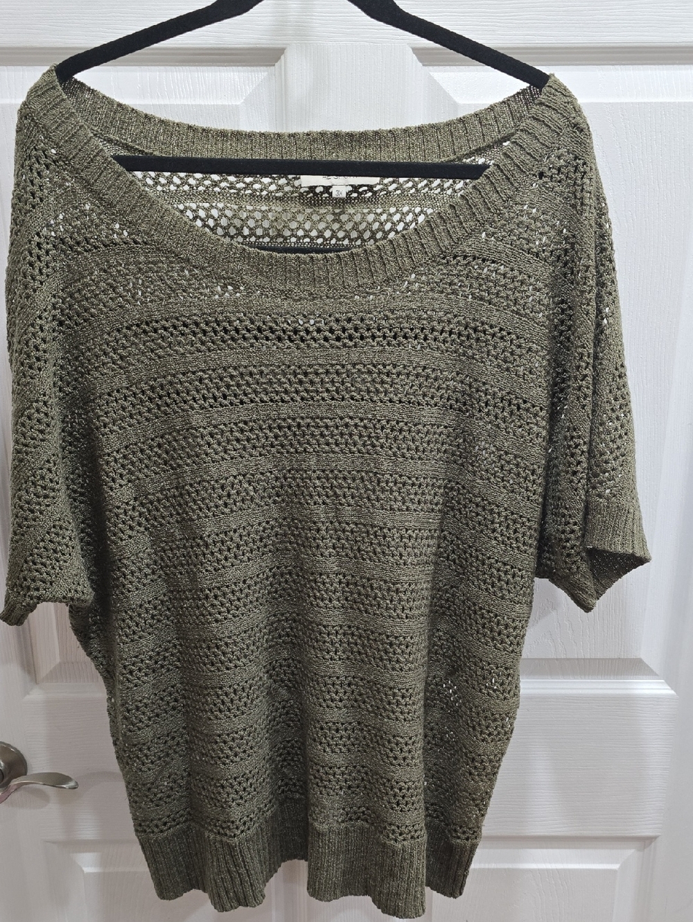 Open-Knit Scoop Neck Short Sleeve Sweater - Olive